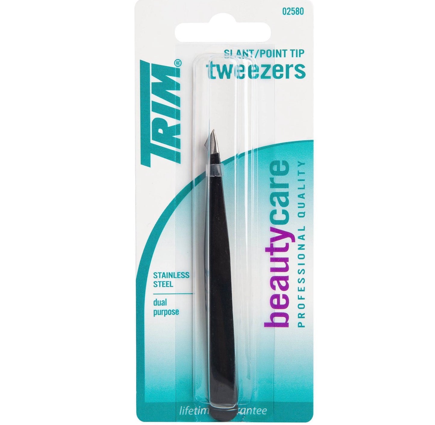 Trim Beauty Care Slant/Point Tip Tweezers made of stainless steel.
