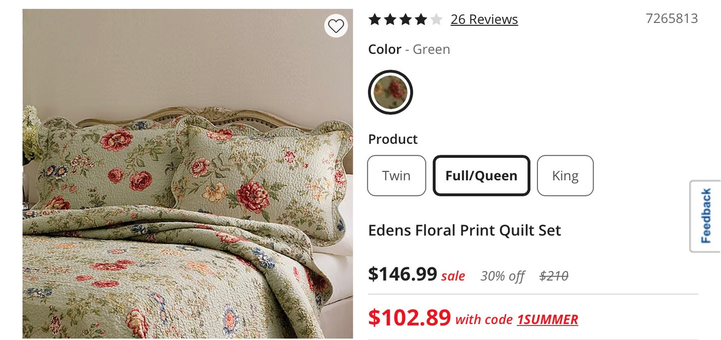 Edens Floral Print 3 Pieces Quilt Set Full/Queen-Included(1 Quilt and 2 Standard Shams)-Green