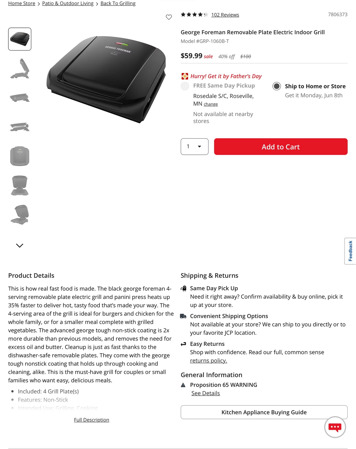 George Foreman Removable Plate Electric Indoor Grill - Open Box