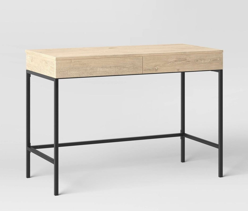 Loring Wood Writing Desk with Drawers and Charging Station Oak - Home Office Furniture, Laminate Surface