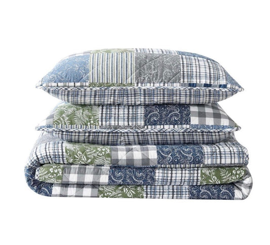 Eddie Bauer Cozy Plaid Patchwork Cotton Quilt Set 3 pieces Full/Queen-Color( Blue/Green)