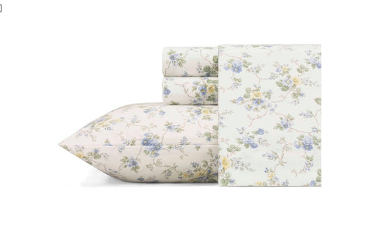 Laura Ashley 100% Cotton Brushed Flannel 4 Pieces Sheet Set Queen-Included(1 Fitted Sheet,2 Pillowcase,1 Flat Sheet)-Blue/yellow Floral