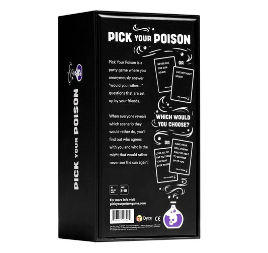 Pick Your Poison party game, a card game centered around difficult "what would you rather do?" scenarios.