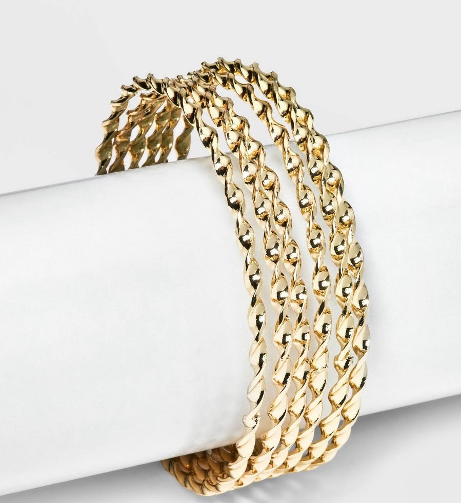 Twisted bangle bracelet gold steel multi strand pull on design, one size fits most-6 pcs