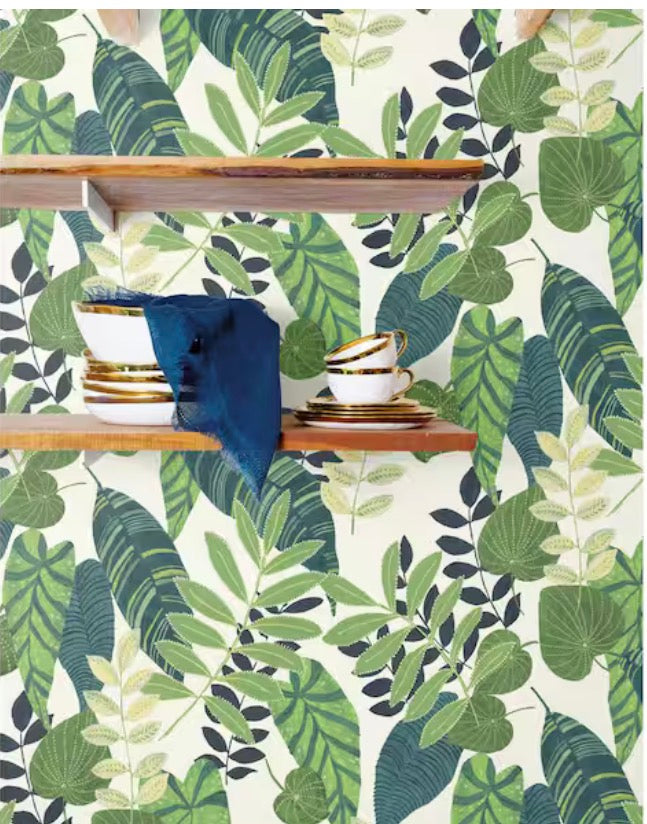 Tropicana Leaves Viridian and Dill Botanical Paper Strippable Roll (Covers 60.75 sq. ft.)(clearance)