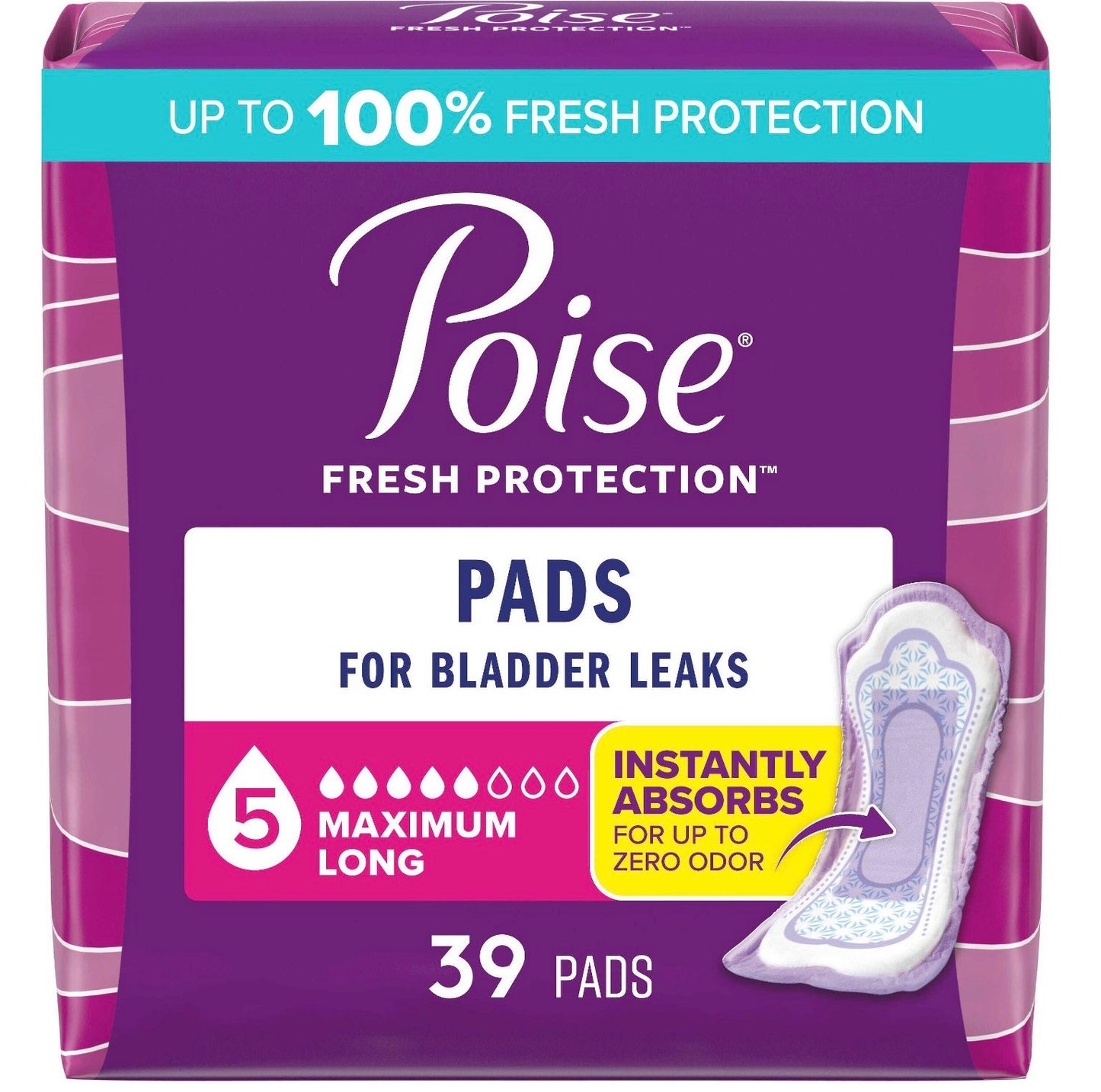 Poise Fresh Protection Maximum Long Pads for bladder leaks, featuring 5-drop absorbency and 39 pads per pack