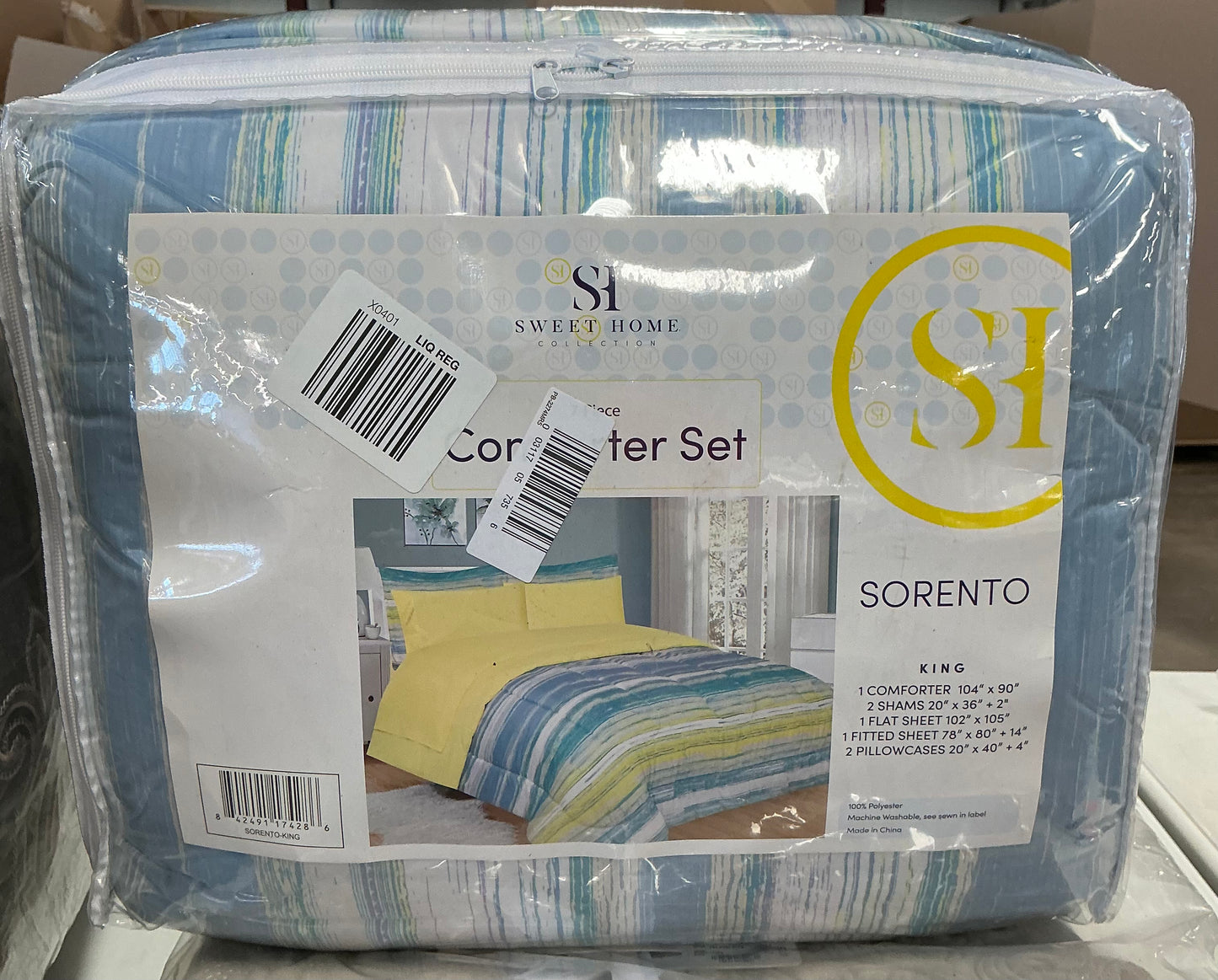 Sweet Home Collection Sorento 7-Piece Bed in a Bag Set in King size featuring a blue and yellow striped pattern