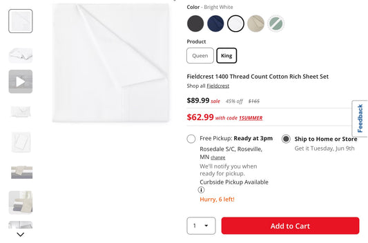 Fieldcrest 1400 Thread Count Cotton Rich Sheet Set-4 king
Included: 2 Pillowcase - 40x20-Inch, 1 Flat Sheet - 112x106 Inch, 1 Fitted-Sheet - 78x80-Inch