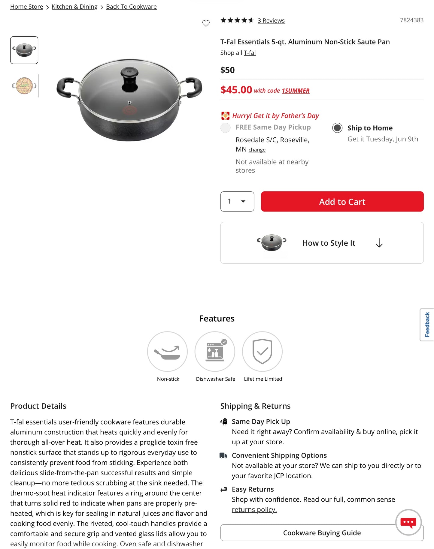 T-Fal Essentials 5-qt. Aluminum Non-Stick Saute Pan with Lid-Open Box