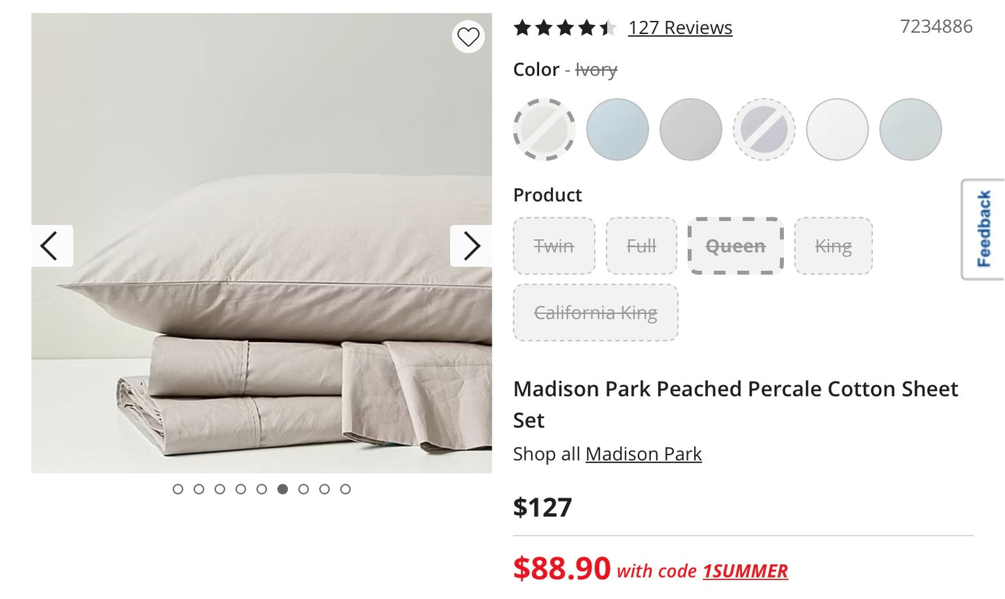 Madison Park Peached Percale Cotton 4 Pieces Sheet Set-Included(1 Flat Sheet, 1 Fitted Sheet and 2 Pillowcases)-Ivory