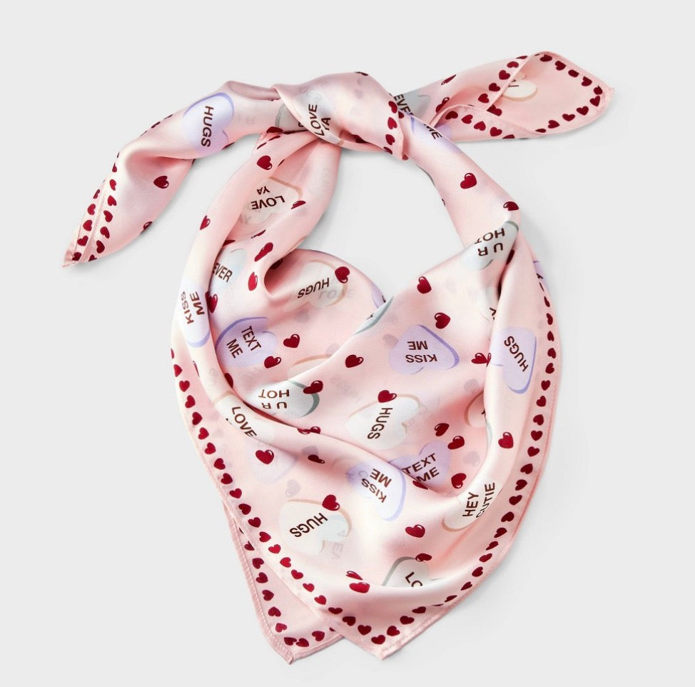 Pink satin scarf with a conversation heart pattern-29in x 29in