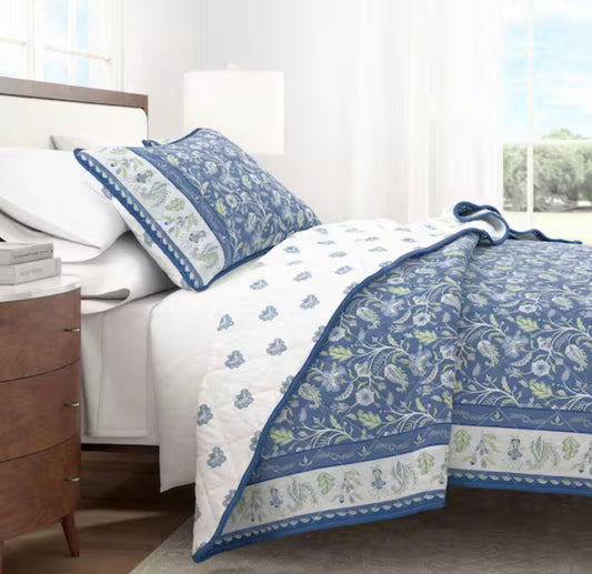 Blue Floral and Border Printed 3-Piece King Cotton Quilt Bedding Set