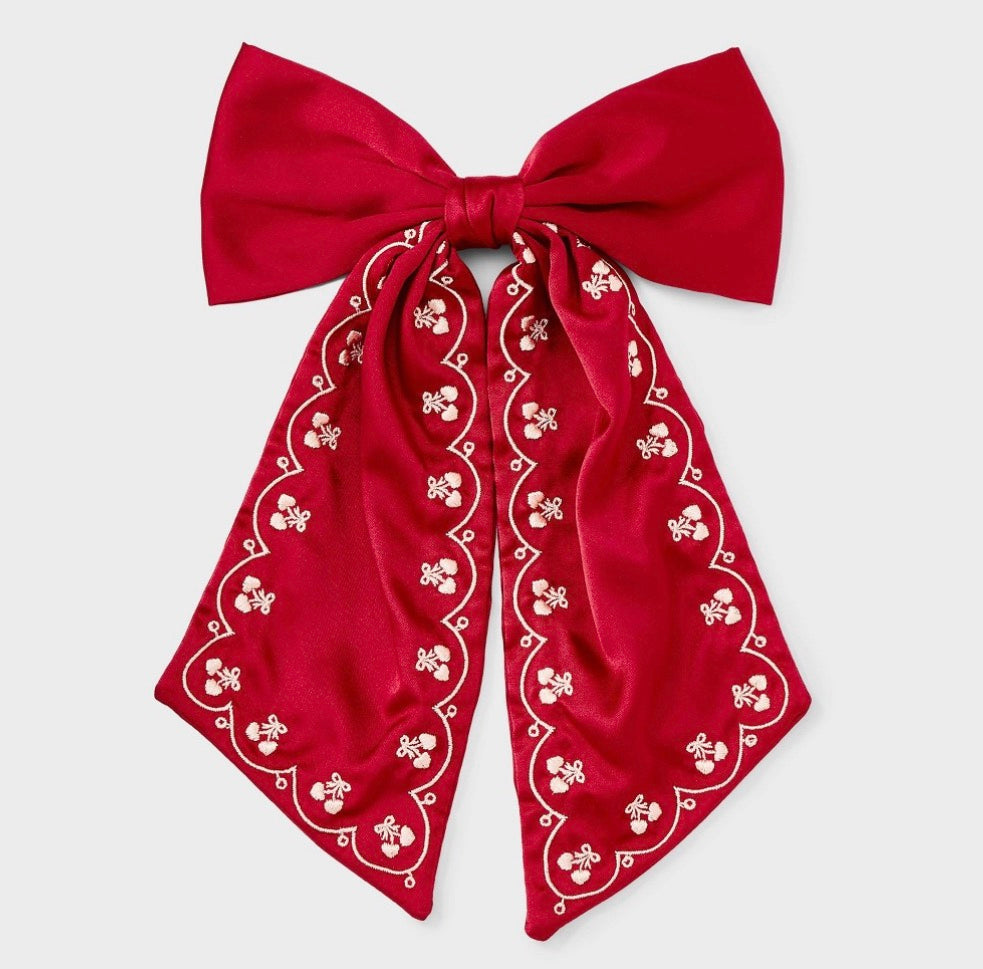 Satin hair bow with hearts embroidery