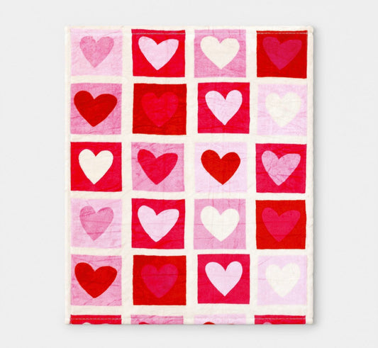 Valentine's Day heart check printed plush throw blanket in pink, red and white