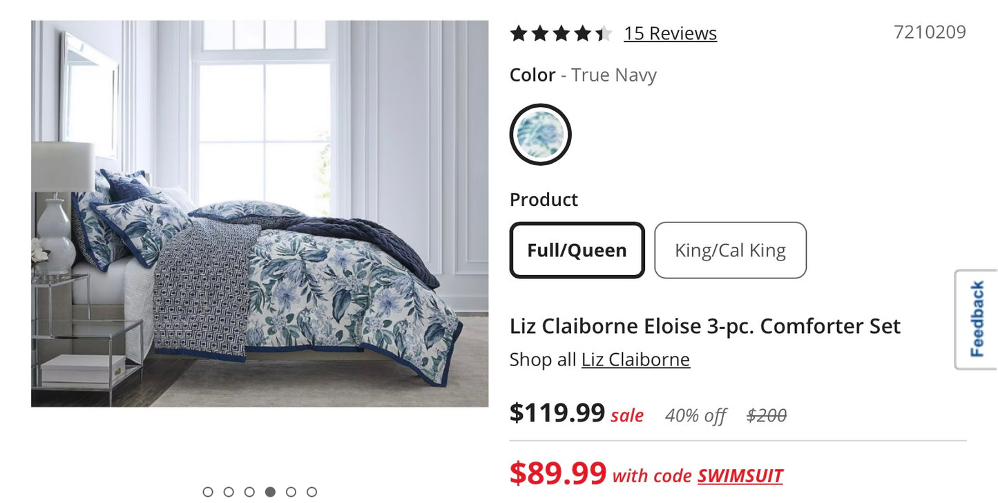 Liz Claiborne Eloise 3 Pieces Reversible Comforter Set Full/Queen-Included(1 Comforter and 2 Standard Shams)-True Navy