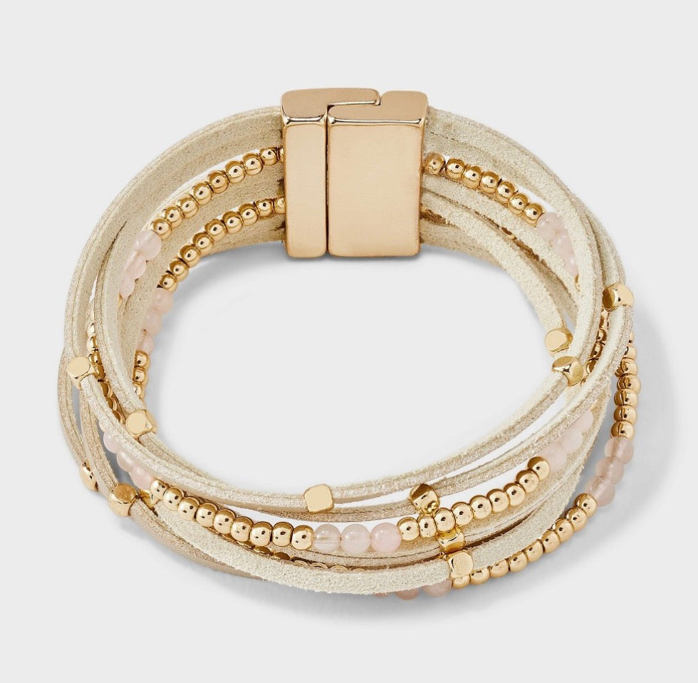 Gold-tone simulated leather mixed bead rose quartz magnetic bracelet