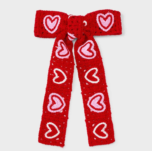 Red and pink knit heart bow