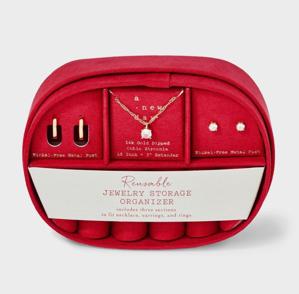 3-Piece 14k Gold-Dipped Cubic Zirconia Jewelry Set in a reusable red storage organizer
