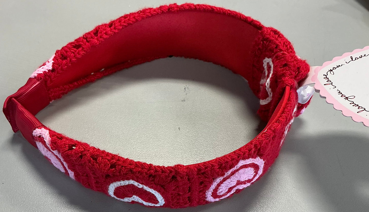 Red crochet knotted headband with pink and white hearts