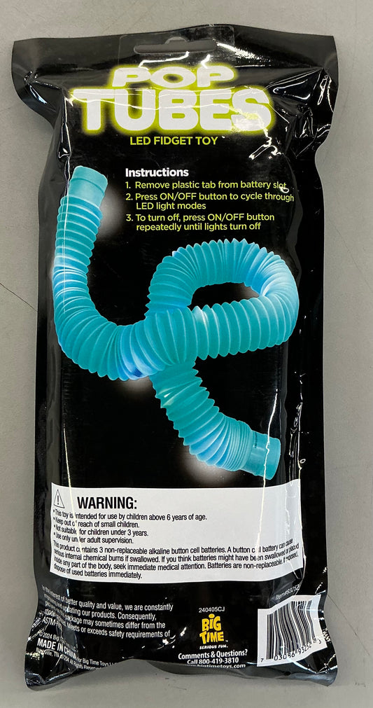 Pop Tubes LED Fidget Toy 3-pack featuring blue, orange, and green light-up plastic tubes.