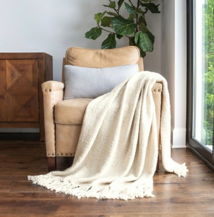 Slub-Yarn Lightweight Fringed Throw cream-60" x 50"
