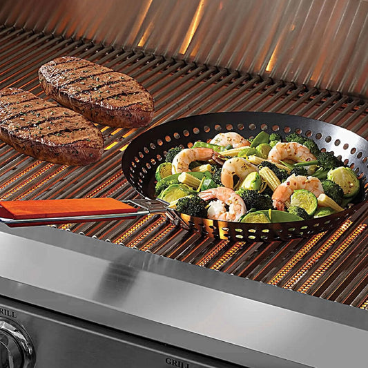 Mr. Bar-B-Q 12-inch non-stick grilling skillet with a removable wooden handle