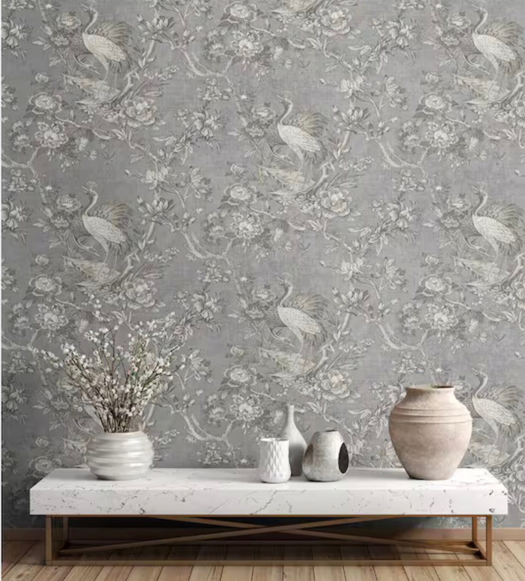 60.75 sq. ft. Metallic Pewter Alice Crane Toile Paper Unpasted Wallpaper Roll(clearance)