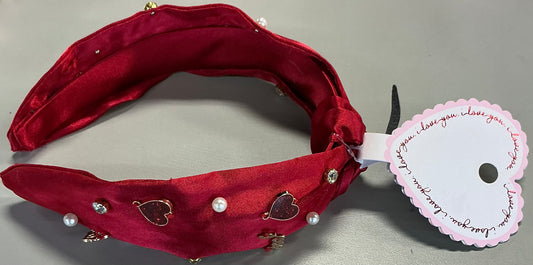 Red satin headband with heart charms and faux pearls