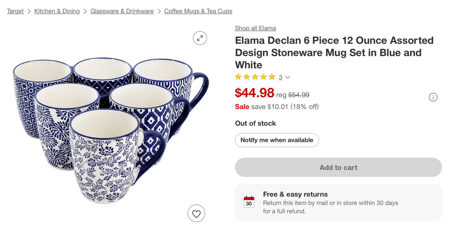 Elama Declan 6 Piece 12 Ounce Assorted Design Stoneware Mug Set in Blue and White - Open Box