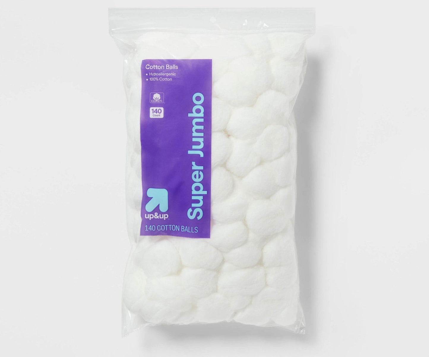 Up&Up brand Super Jumbo cotton balls containing 140 pieces per pack