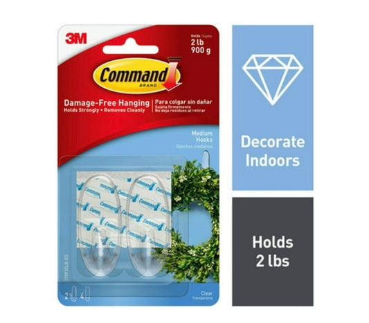 3M Command Medium Clear Hooks designed to hold up to 2 pounds