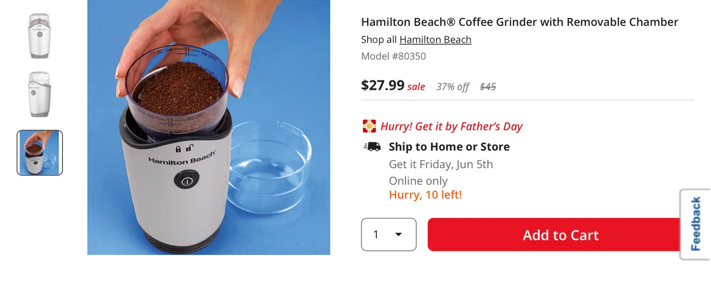 Hamilton Beach® Coffee Grinder with Removable Chamber