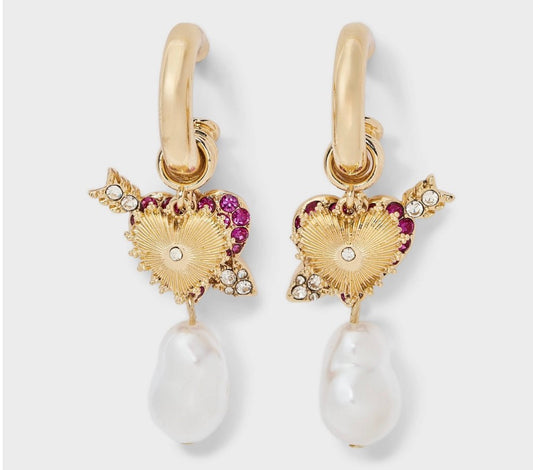 SUGARFIX by BaubleBar "Cupid's Craze" earring set, featuring gold-toned hoop earrings adorned with pink crystal hearts and faux pearl dangles