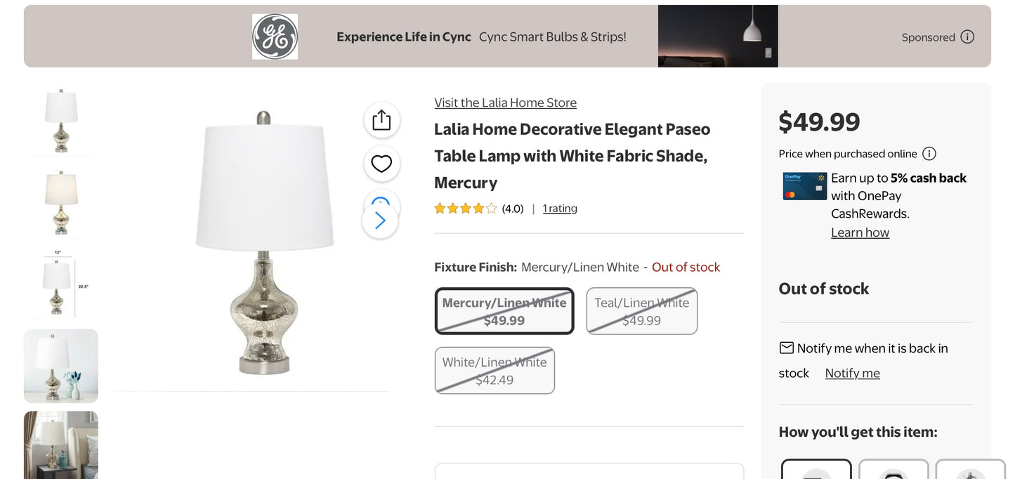 Lalia Home Paseo Table Lamp with White Fabric Shade, Mercury - Out of Box