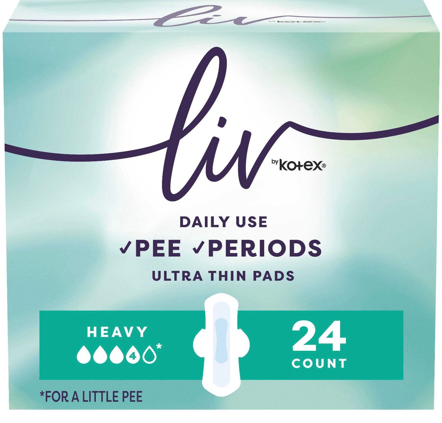 24-count box of Liv by Kotex Daily Use Ultra Thin Pads designed for both pee and periods.