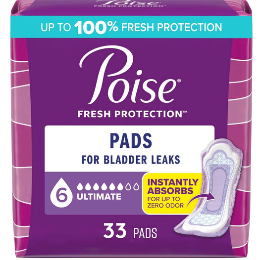 Poise Incontinence Pads for Women, Maximum Absorbency, Long, Pack of 33