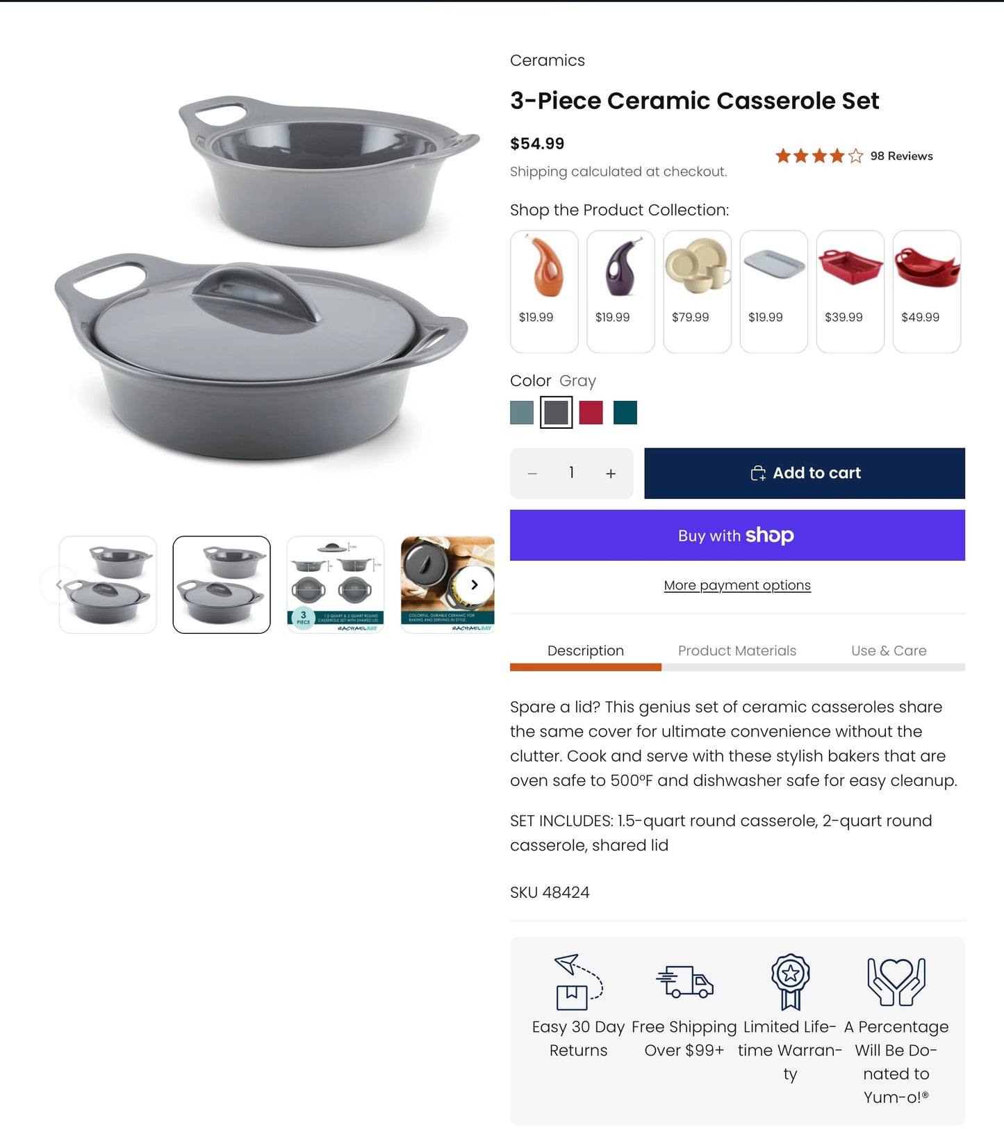 Rachel Ray 3-piece Ceramic Casserole Set, Grey - Out of Box