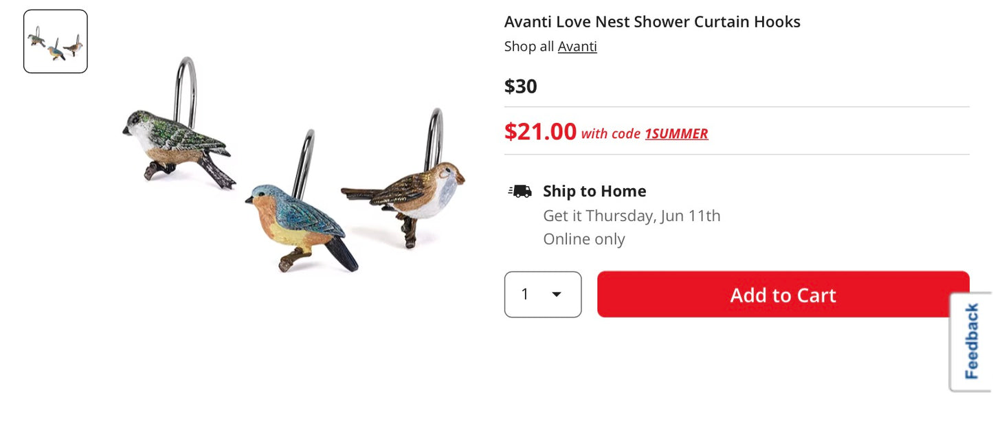Thrifty 70- Avanti Love Nest 12 Shower Curtain Hooks, never used only two birds are damaged-one has a broken beak and tail & the other just the tail- As is- Final sale- No return