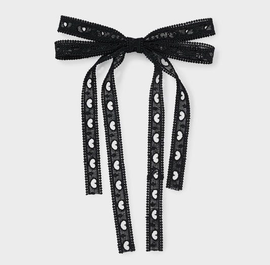 Black heart eyelet double bow hair barrette