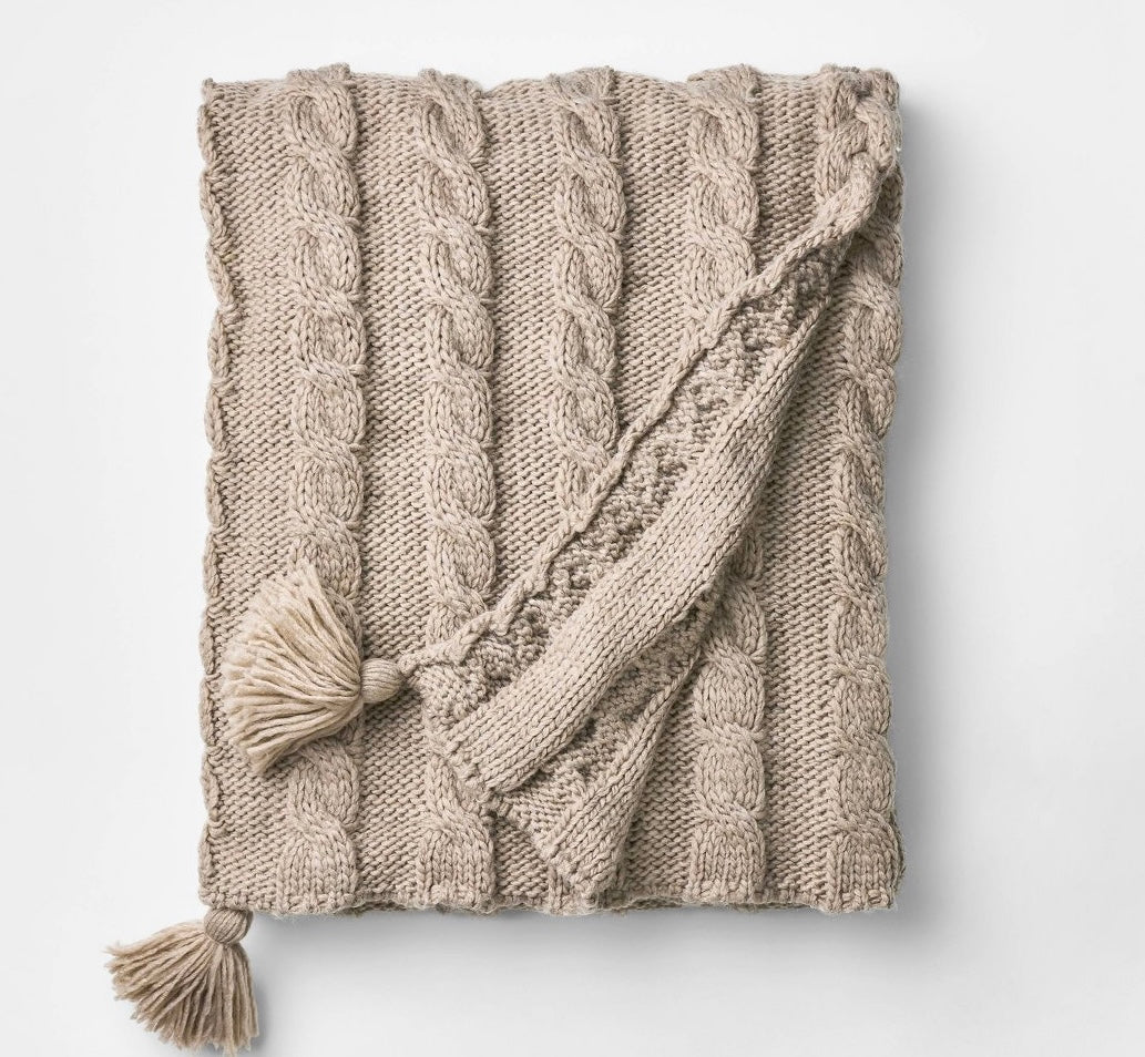 Knit tassel braided throw blanket - Neutral 50x60”