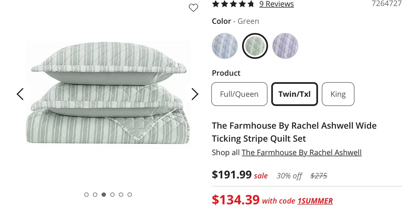 The Farmhouse By Rachel Ashwell Wide Ticking Stripe 3 Pieces Quilt Set Full/Queen-Included(1 Quilt,2 Standard Shams)-Green