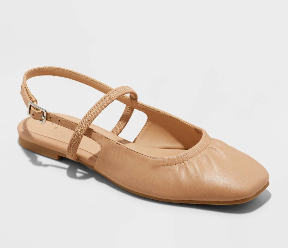 A New Day Vada slingback flats in tan faux leather featuring a scrunched square toe and an adjustable buckle strap size 6