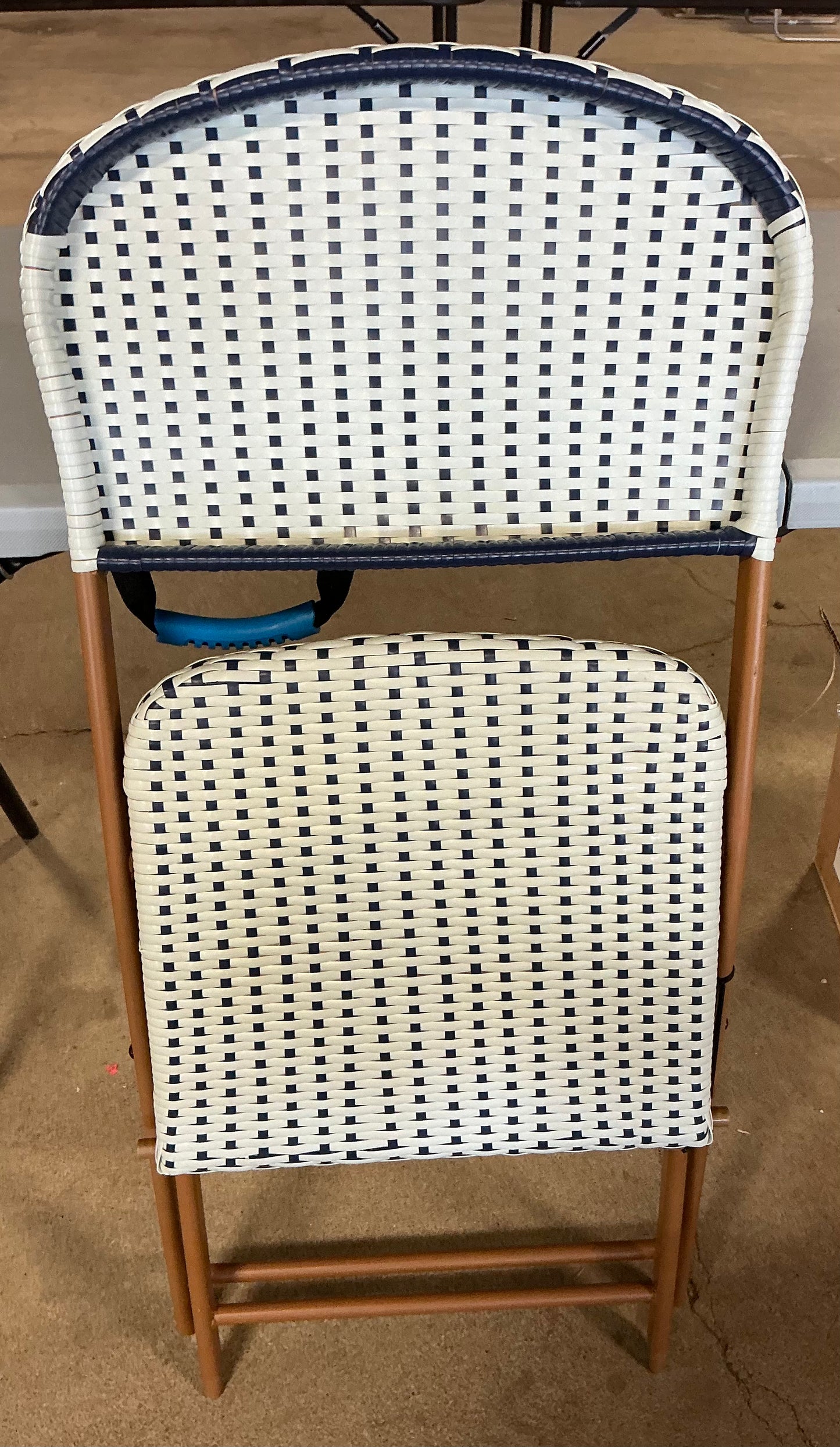 French cafe outdoor folding patio accent armless chair - Beige/White/Navy - PICK UP ONLY