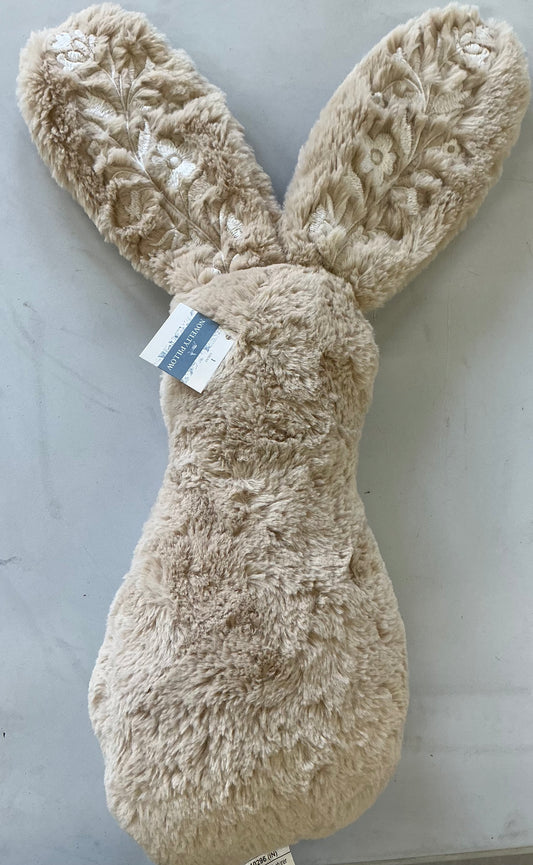 novelty bunny plush pillow in beige featuring embroidered floral details on the ears