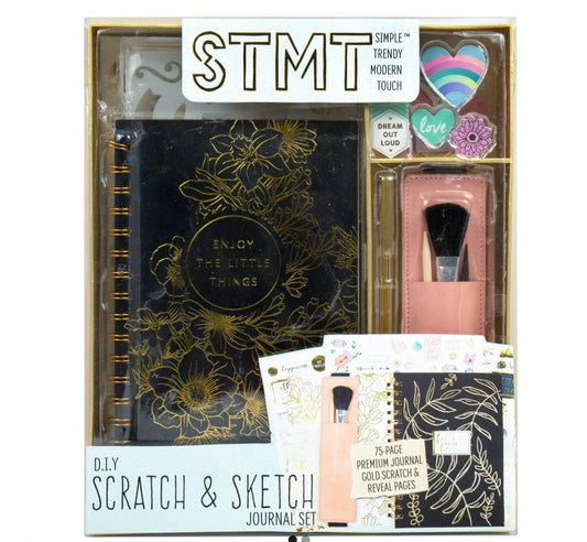 STMT DIY Scratch & Sketch Journal Set featuring a black journal with gold floral accents.