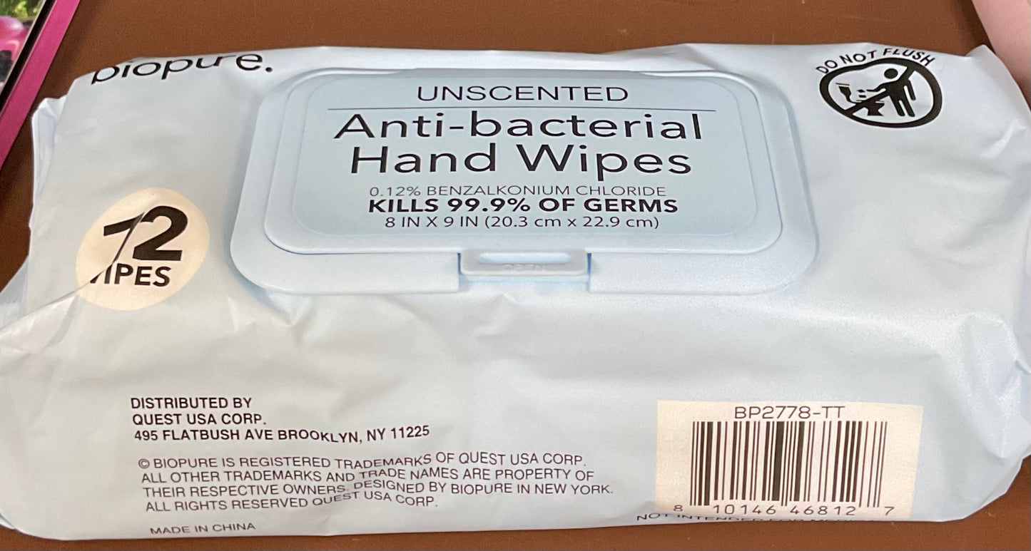 Biopure Unscented Anti-bacterial Hand Wipes, 72ct