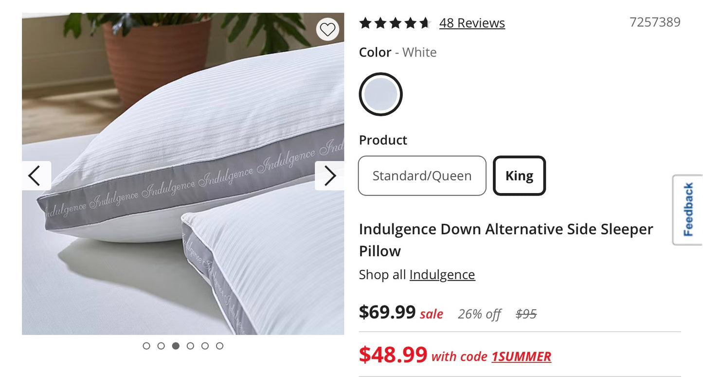 Indulgence Down Alternative Side Sleeper Pillow Medium Density King-White/Gray