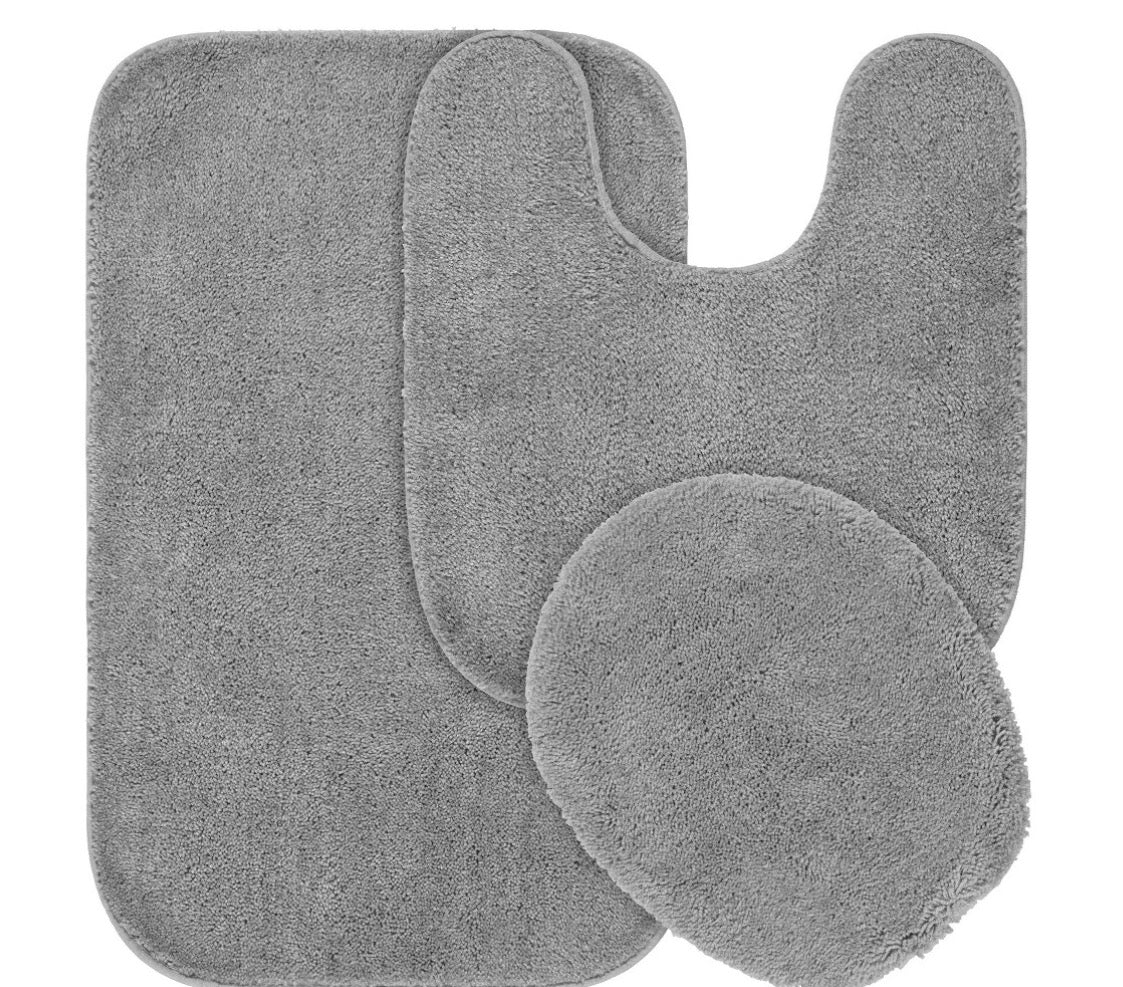 3 Pieces Traditional Bath Rug Set- 21”x34”bath mat,21”x24” toilet contour and a 17”x14”universal toilet lid designed to fit most toilet lids-Color(Platinum Gray)