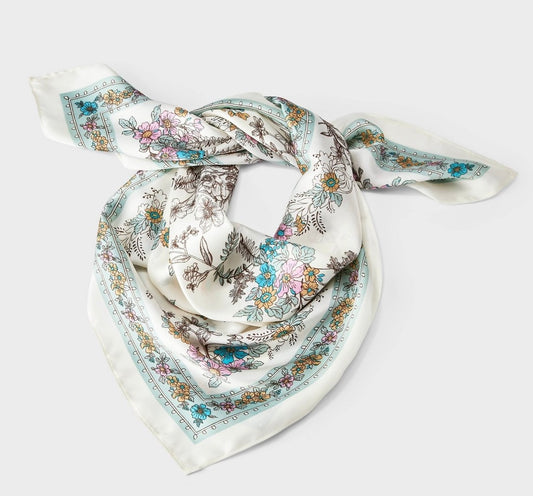 White floral print square bandana scarf-29in x 29in