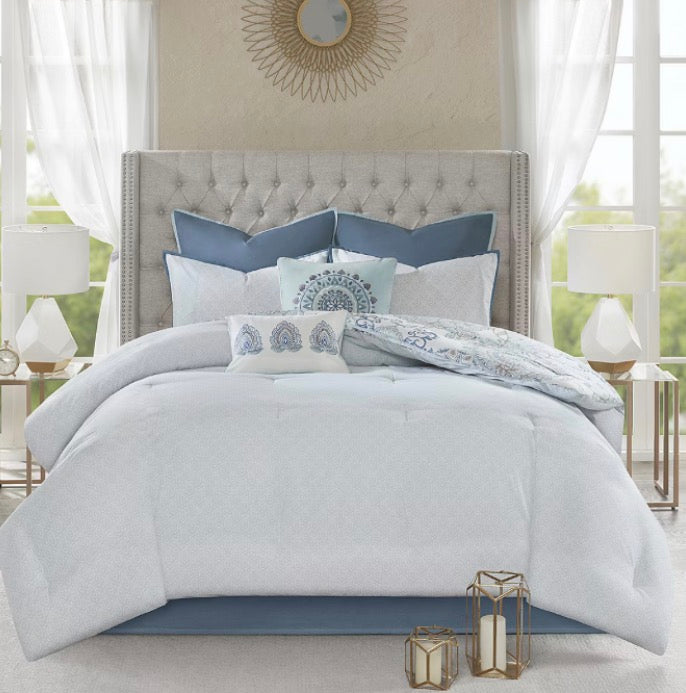 Madison Park Loleta 8 Pieces Midweight Reversible Comforter Set Queen-Blue